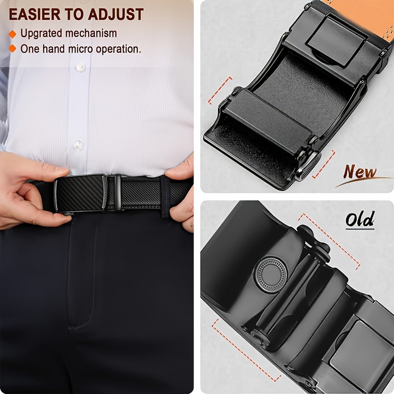 Ceinture en Cuir Véritable pour Homme Castle Korin - Noire Élégante avec Texture en Fibre de Carbone, Largeur Ajustable de 35mm, Boucle Automatique en Alliage pour Affaires ou Tenue Décontractée