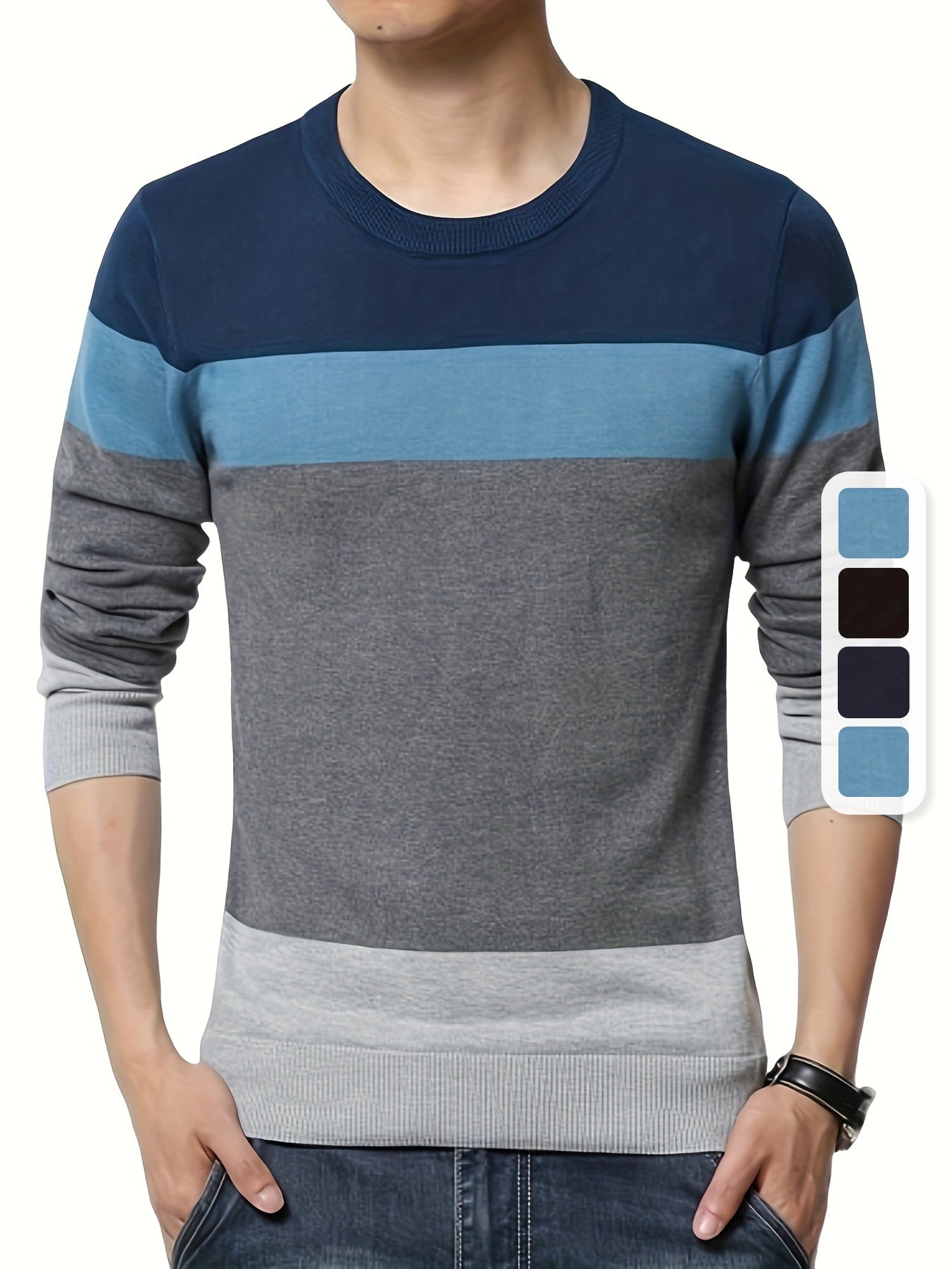 Pullover tricoté en coton 100 % pour homme, col rond ajusté à manches longues décontracté pour l'automne et l'hiver