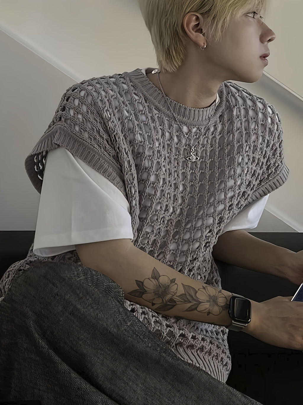 Débardeur homme en viscose ajourée, col rond sans manches - Couleur unie pour look décontracté, extérieur et streetwear - Printemps\u002FÉté\u002FAutomne